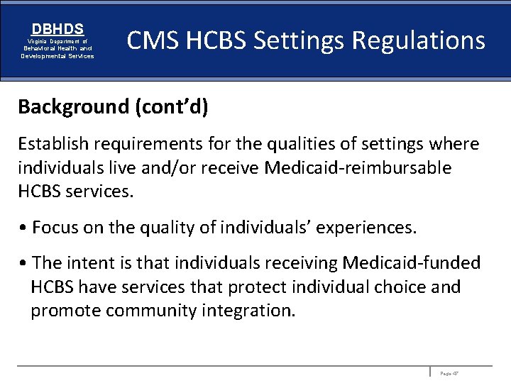 DBHDS Virginia Department of Behavioral Health and Developmental Services CMS HCBS Settings Regulations Background