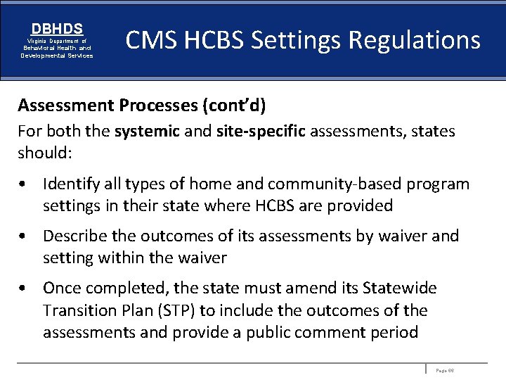 DBHDS Virginia Department of Behavioral Health and Developmental Services CMS HCBS Settings Regulations Assessment