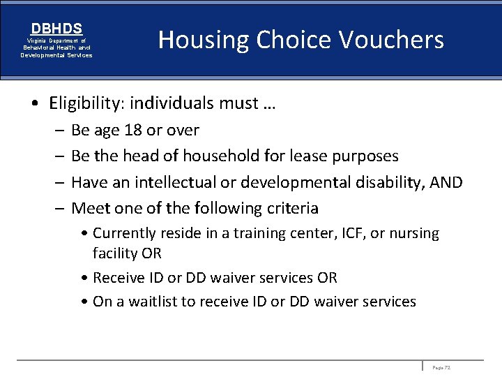 DBHDS Virginia Department of Behavioral Health and Developmental Services Housing Choice Vouchers • Eligibility: