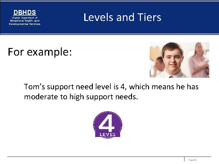 DBHDS Virginia Department of Behavioral Health and Developmental Services Levels and Tiers For example: