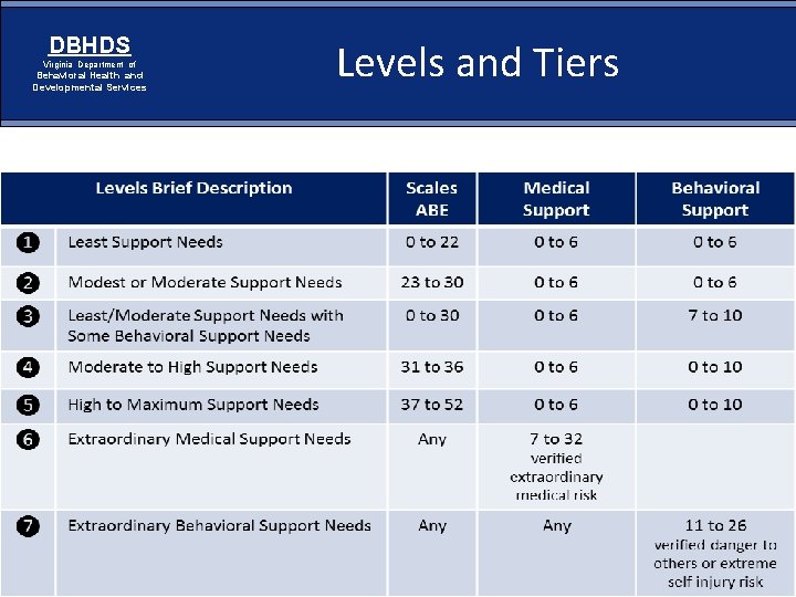 DBHDS Virginia Department of Behavioral Health and Developmental Services Levels and Tiers Page 86