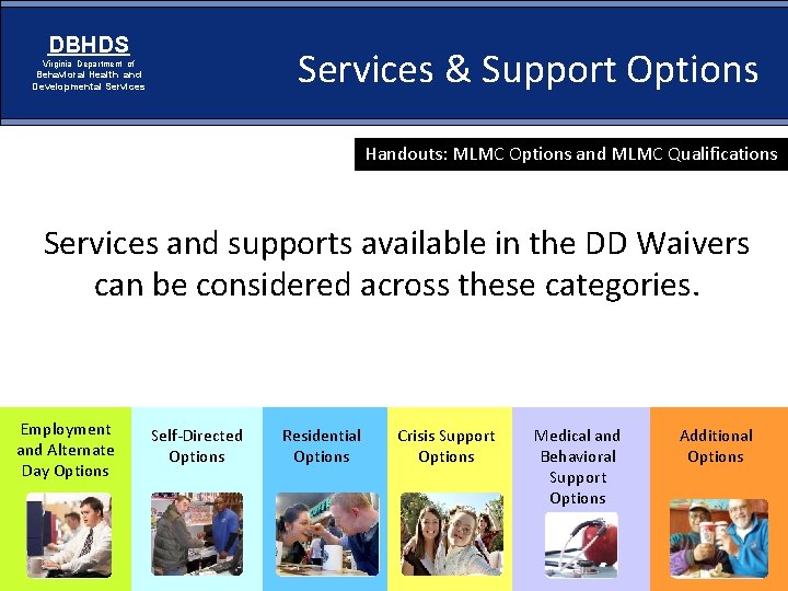 DBHDS Services & Support Options Virginia Department of Behavioral Health and Developmental Services Handouts: