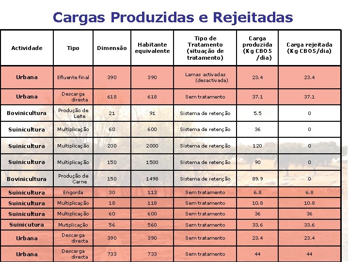 Cargas Produzidas e Rejeitadas Tipo de Tratamento (situação de tratamento) Carga produzida (Kg CBO