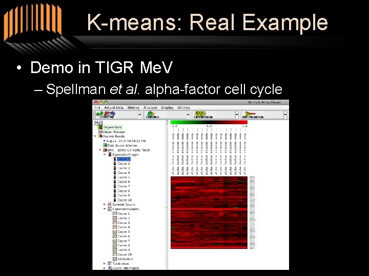 K-means: Real Example • Demo in TIGR Me. V – Spellman et al. alpha-factor