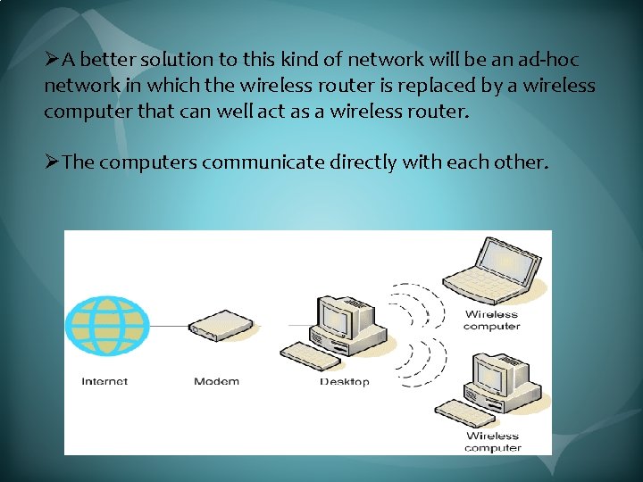 ØA better solution to this kind of network will be an ad-hoc network in