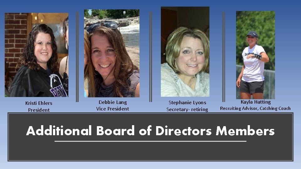 Kristi Ehlers President Debbie Lang Vice President Stephanie Lyons Secretary- retiring Kayla Hatting Recruiting