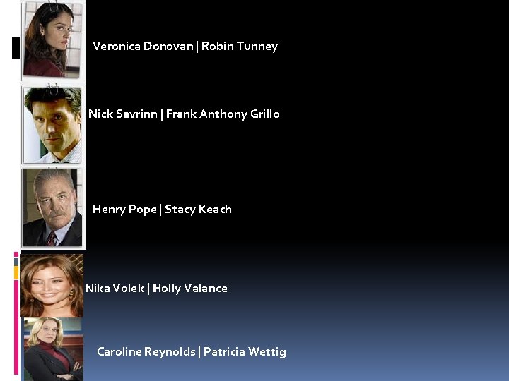 Veronica Donovan | Robin Tunney Nick Savrinn | Frank Anthony Grillo Henry Pope |