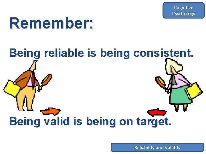 Cognitive Psychology Remember: Being reliable is being consistent. Being valid is being on target.