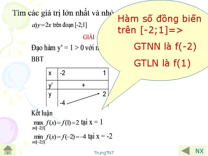 Hàm số đồng biến trên [-2; 1]=> GTNN là f(-2) GTLN là f(1) Trung.