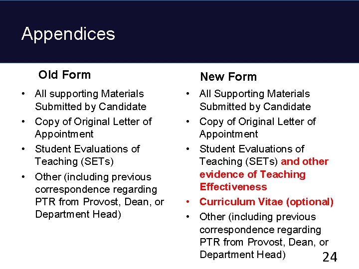 Appendices Old Form • All supporting Materials Submitted by Candidate • Copy of Original