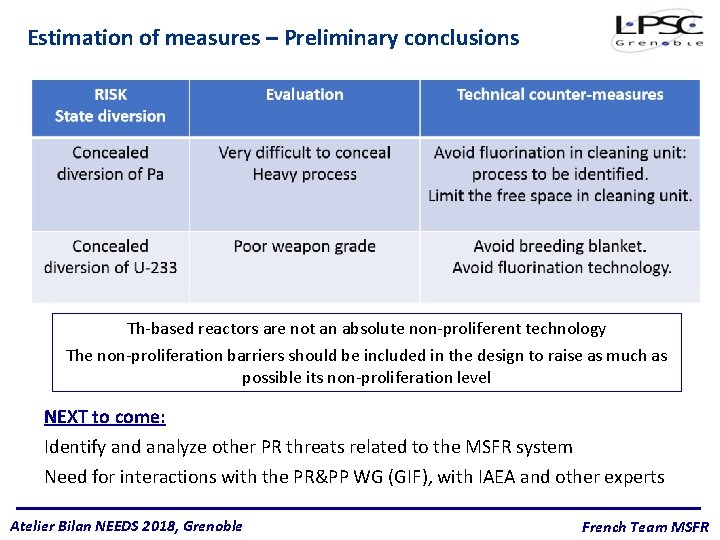 Estimation of measures – Preliminary conclusions Th-based reactors are not an absolute non-proliferent technology