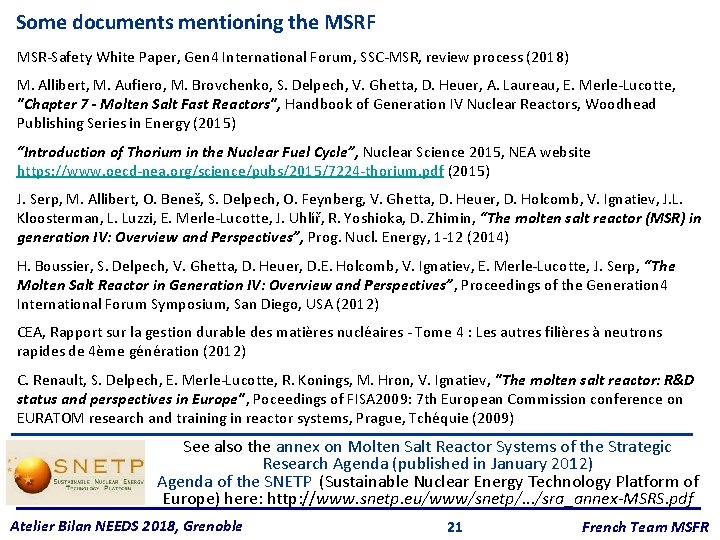 Some documents mentioning the MSRF MSR-Safety White Paper, Gen 4 International Forum, SSC-MSR, review