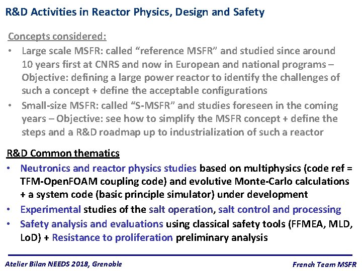 R&D Activities in Reactor Physics, Design and Safety Concepts considered: • Large scale MSFR: