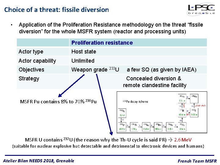 Choice of a threat: fissile diversion • Application of the Proliferation Resistance methodology on