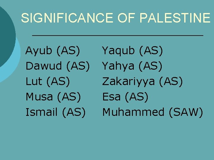 SIGNIFICANCE OF PALESTINE Ayub (AS) Dawud (AS) Lut (AS) Musa (AS) Ismail (AS) Yaqub