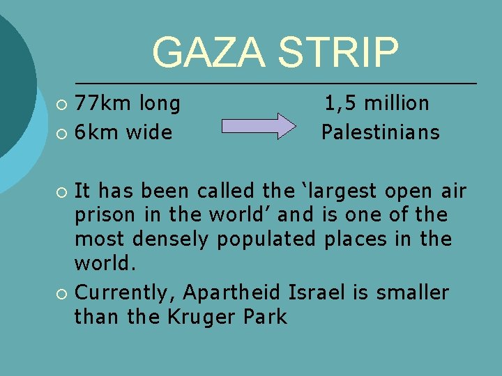GAZA STRIP 77 km long ¡ 6 km wide ¡ 1, 5 million Palestinians