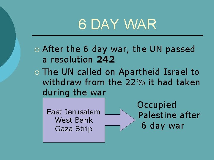 6 DAY WAR After the 6 day war, the UN passed a resolution 242