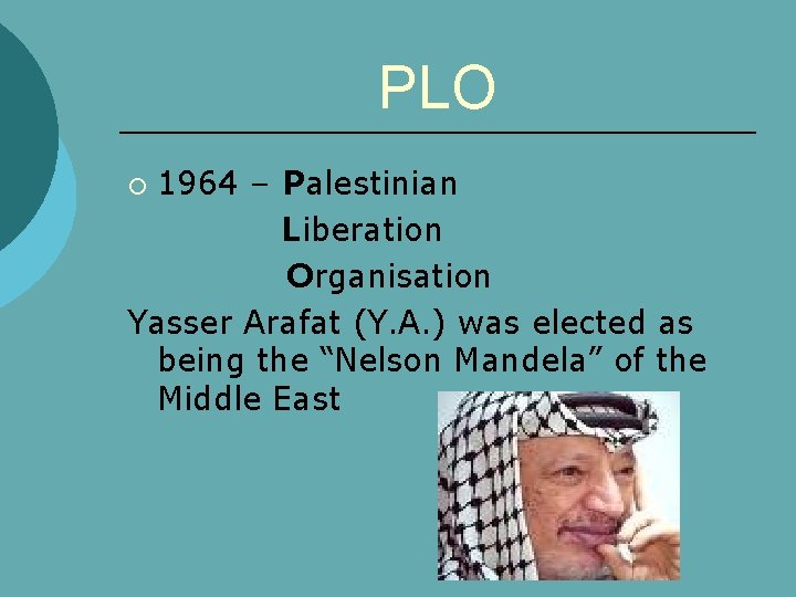 PLO 1964 – Palestinian Liberation Organisation Yasser Arafat (Y. A. ) was elected as