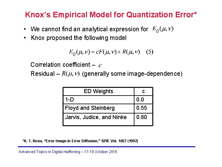 Knox’s Empirical Model for Quantization Error* • We cannot find an analytical expression for