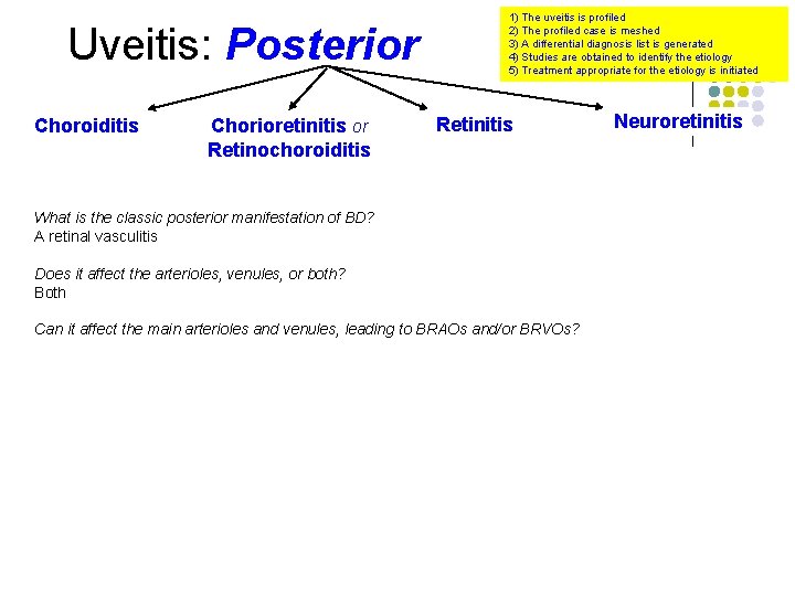 Uveitis: Posterior Choroiditis Chorioretinitis or Retinochoroiditis 1) The uveitis is profiled 2) The profiled