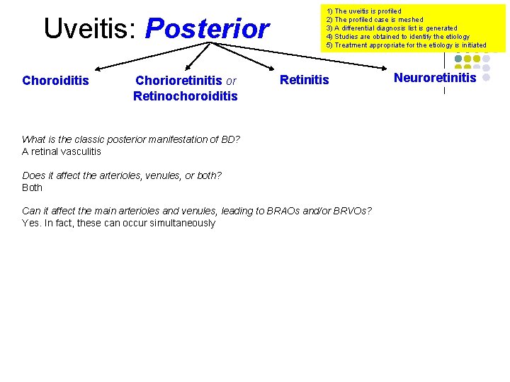 Uveitis: Posterior Choroiditis Chorioretinitis or Retinochoroiditis 1) The uveitis is profiled 2) The profiled