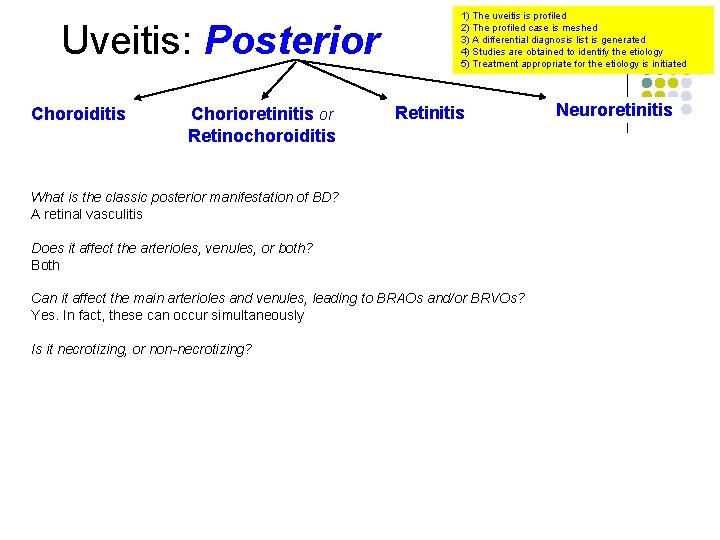 Uveitis: Posterior Choroiditis Chorioretinitis or Retinochoroiditis 1) The uveitis is profiled 2) The profiled