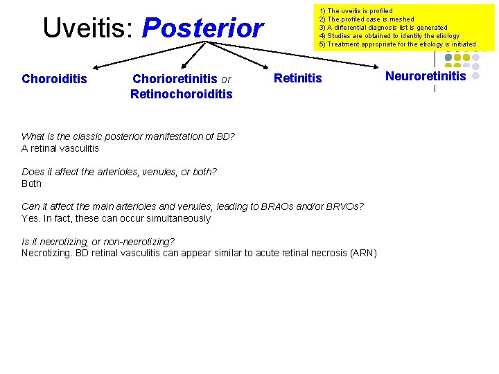 Uveitis: Posterior Choroiditis Chorioretinitis or Retinochoroiditis 1) The uveitis is profiled 2) The profiled