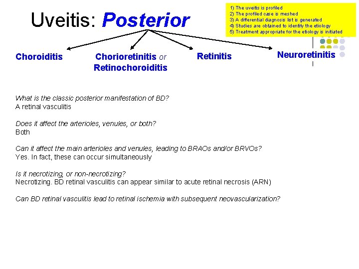 Uveitis: Posterior Choroiditis Chorioretinitis or Retinochoroiditis 1) The uveitis is profiled 2) The profiled