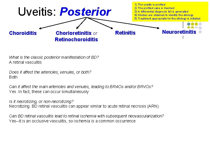 Uveitis: Posterior Choroiditis Chorioretinitis or Retinochoroiditis 1) The uveitis is profiled 2) The profiled