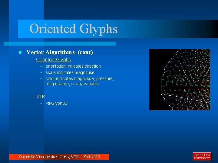 Oriented Glyphs Vector Algorithms (cont) – Oriented Glyphs • orientation indicates direction • scale Oriented Glyphs Vector Algorithms (cont) – Oriented Glyphs • orientation indicates direction • scale