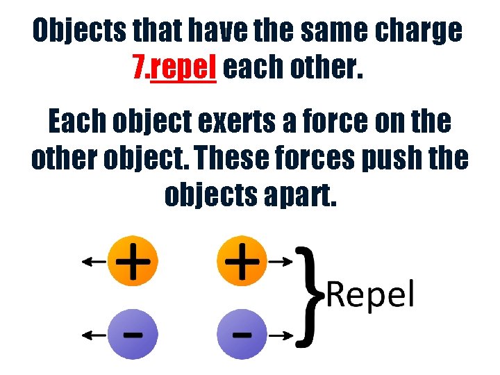 Objects that have the same charge 7. repel each other. Each object exerts a