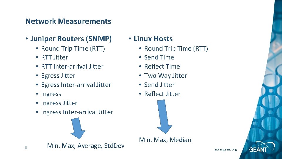 Network Measurements • Juniper Routers (SNMP) • • 8 Round Trip Time (RTT) RTT