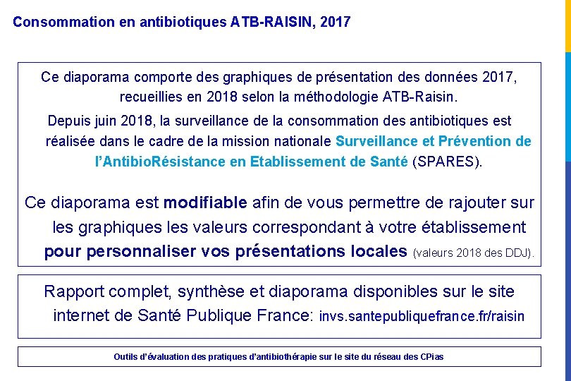 Consommation en antibiotiques ATB-RAISIN, 2017 Ce diaporama comporte des graphiques de présentation des données