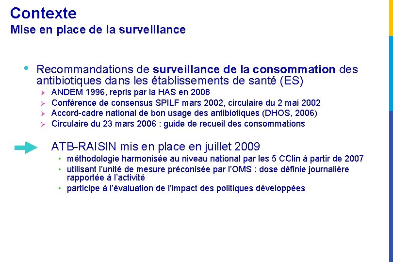 Contexte Mise en place de la surveillance • Recommandations de surveillance de la consommation