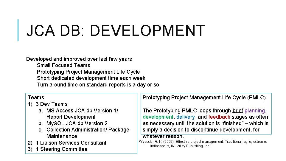 JCA DB: DEVELOPMENT Developed and improved over last few years Small Focused Teams Prototyping