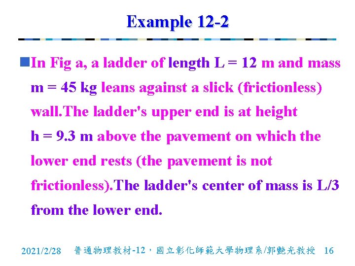 Example 12 -2 n. In Fig a, a ladder of length L = 12