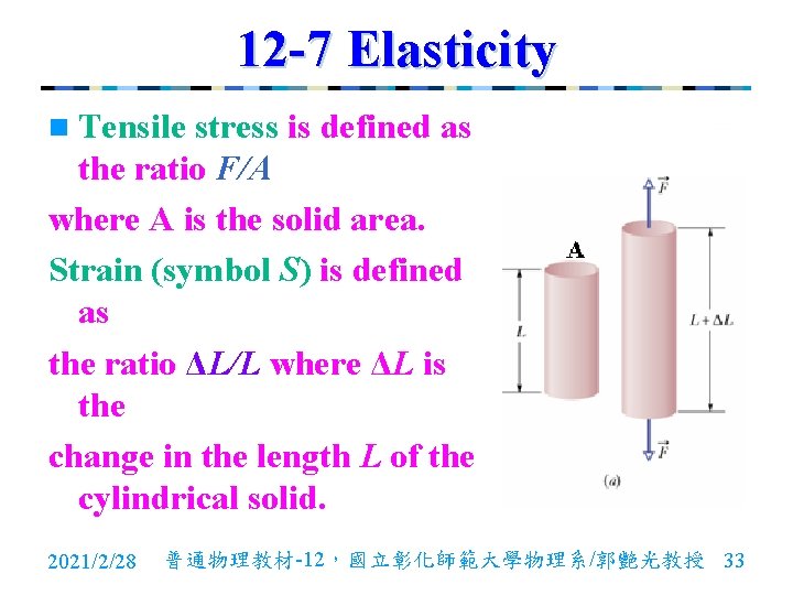 12 -7 Elasticity n Tensile stress is defined as the ratio F/A where A