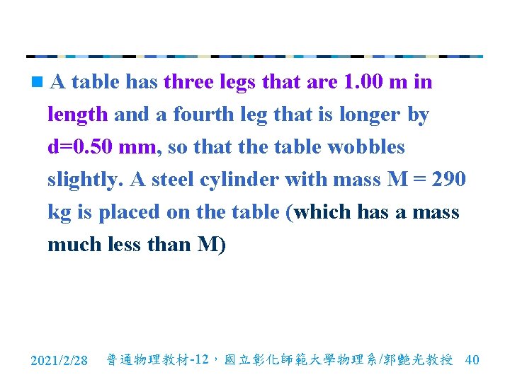 n. A table has three legs that are 1. 00 m in length and