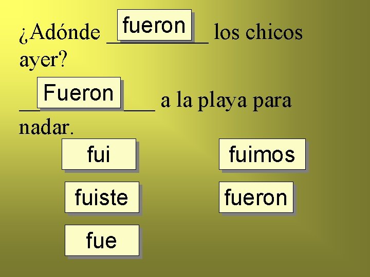 fueron los chicos ¿Adónde _____ ayer? Fueron ______ a la playa para nadar. fuimos