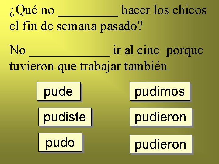 ¿Qué no _____ hacer los chicos el fin de semana pasado? No ______ ir