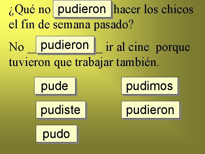 ¿Qué no _____ pudieron hacer los chicos el fin de semana pasado? pudieron ir