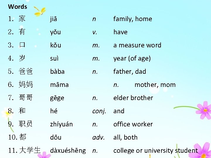 Words 1. 家 jiā n family, home 2. 有 yǒu v. have 3. 口