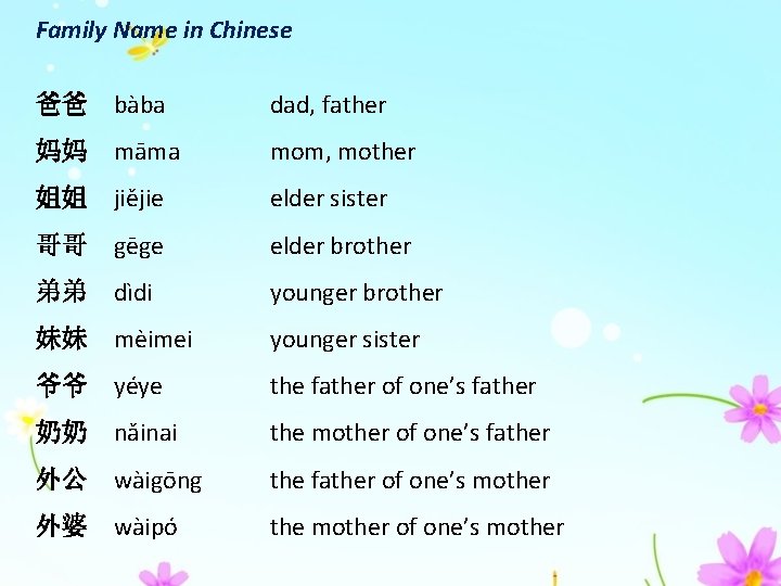 Family Name in Chinese 爸爸 bàba dad, father 妈妈 māma mom, mother 姐姐 jiějie