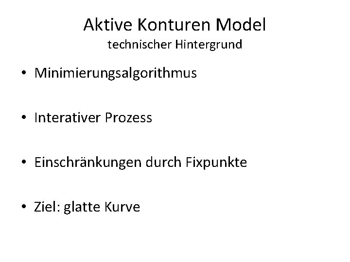 Aktive Konturen Model technischer Hintergrund • Minimierungsalgorithmus • Interativer Prozess • Einschränkungen durch Fixpunkte