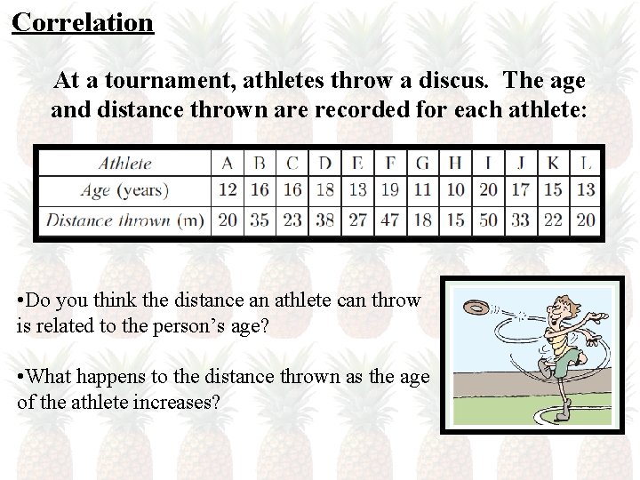 Correlation At a tournament, athletes throw a discus. The age and distance thrown are
