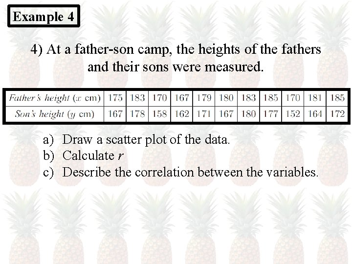 Example 4 4) At a father-son camp, the heights of the fathers and their