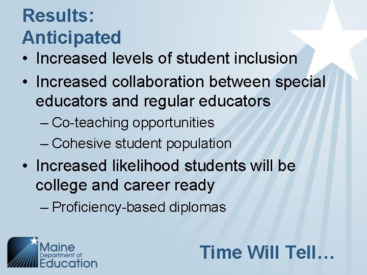 Results: Anticipated • Increased levels of student inclusion • Increased collaboration between special educators
