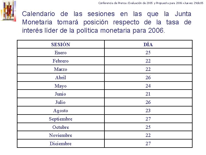 Conferencia de Prensa: Evaluación de 2005 y Propuesta para 2006>Jueves 29 dic 05 Calendario