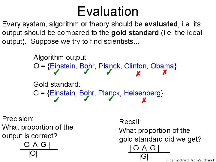 Evaluation Every system, algorithm or theory should be evaluated, i. e. its output should