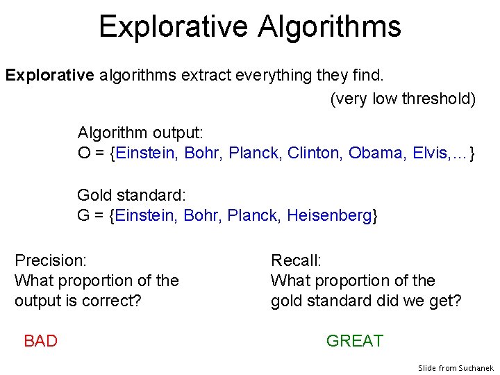 Explorative Algorithms Explorative algorithms extract everything they find. (very low threshold) Algorithm output: O
